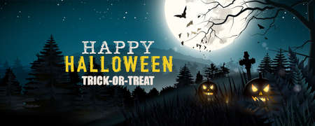 Halloween banner. Gloomy landscape at full Moon. Cemetery with pumpkins in the foregroundのイラスト素材