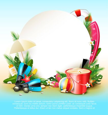 Summer time template with beach elements and wooden sign on the sand. Place for textのイラスト素材