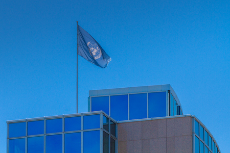 GENEVA, SWITZERLAND - JUNE 6, 2016: . The United Nations flag at the building in Geneva, Switzerlandのeditorial素材