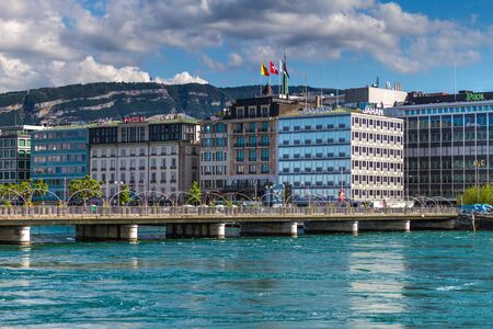 GENEVA, SWITZERLAND - JUNE 6, 2016: View from Lake Geneva to the cityのeditorial素材