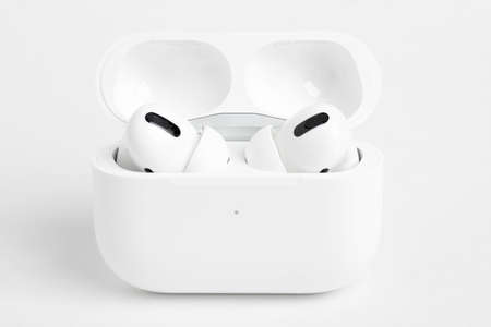 Vidalia, Georgia / USA - December 14, 2019 - A studio product shot of the Apple AirPods Pro buds...