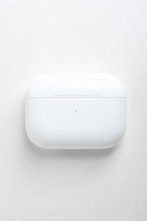 Vidalia, Georgia / USA - December 14, 2019 - A studio product shot of a closed white charging case...
