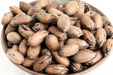 In-shell pecan nuts on bowl set on plain white background.