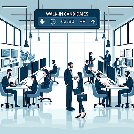 Vector illustration of a modern office interior with business people working and communicatingのイラスト素材