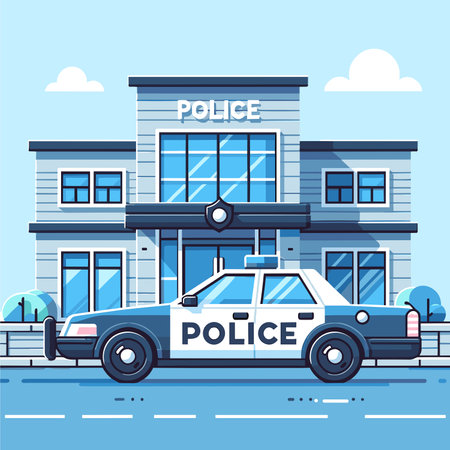 Police car and police station building. Vector illustration in flat style.のイラスト素材