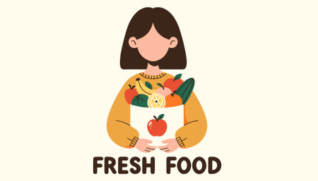 Vector illustration of a young woman holding a box of fresh food.のイラスト素材