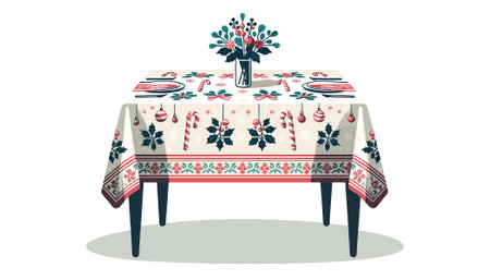 Christmas table with tablecloth and christmas decorations. Vector illustration.のイラスト素材