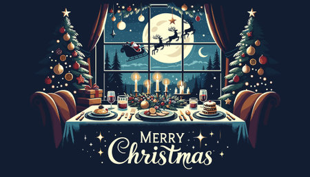 Merry Christmas and Happy New Year greeting card. Festive table with gifts, candles, glass of wine, santa claus sleigh on background of window. Vector illustrationのイラスト素材