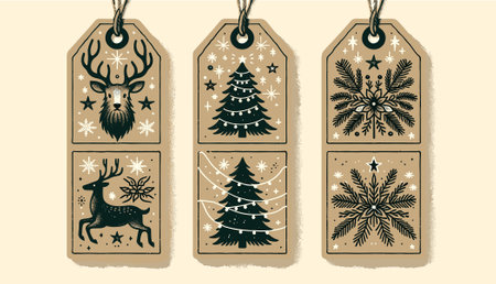 Set of christmas tags with deer and snowflakes. Vector illustration.のイラスト素材