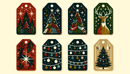 Christmas tags set with Christmas tree, deer, snowflakes and stars.のイラスト素材