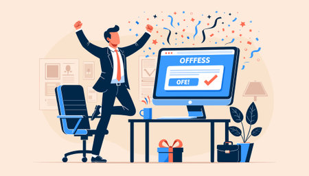 Businessman Celebrating Success in Office. Businessman Celebrating Success in Workplace with Computer, Laptop, Present Boxes and Cake. Flat Vector Illustrationのイラスト素材
