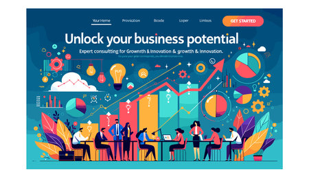 Unlock your business opportunities landing page template. Business people working in office. Vector illustrationのイラスト素材