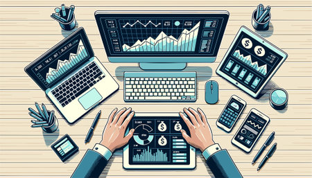 Top view of businessman hands working with laptop, tablet, mobile phone and financial charts on wooden desk. Vector illustrationのイラスト素材
