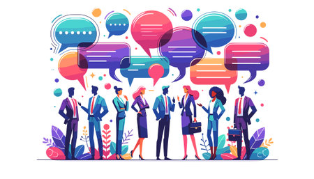 Business people talking with speech bubbles. Teamwork, communication, communication concept. Vector flat illustrationのイラスト素材