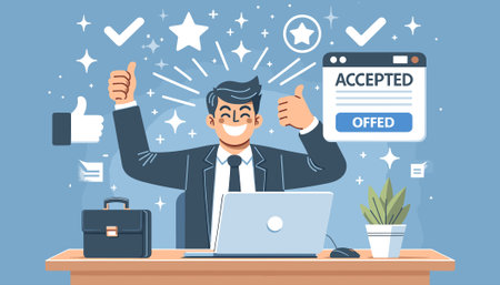 Successful business man with thumbs up and laptop. Vector illustration.のイラスト素材