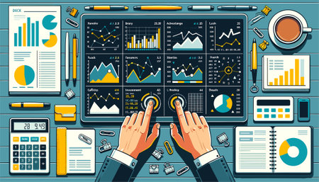Businessman hands on table with financial charts and graphs. Flat design vector illustration.のイラスト素材