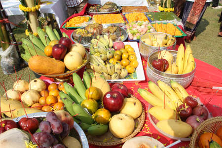 fruits are sacrificial offering in warshipの写真素材