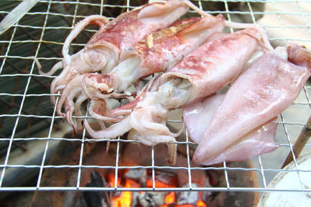 Close up fresh squid barbeque grilled on charcoal stoveの写真素材