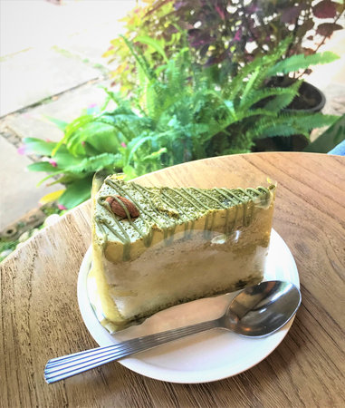 Green tea cake on white dish on wooden table in coffee shop.の写真素材