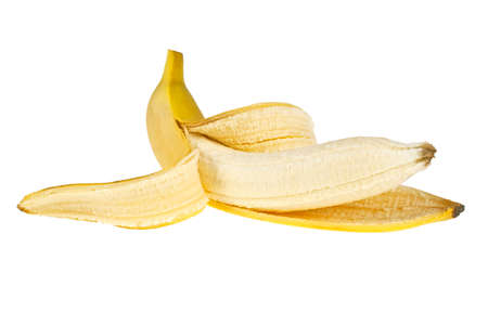 Peeled banana on white backgroundの写真素材