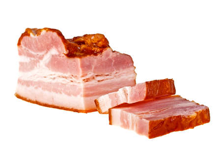 Bacon and sliced bacon on a white backgroundの写真素材