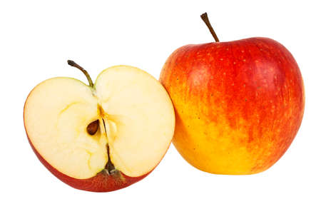 One and a half red apples isolated on a white backgroundの写真素材