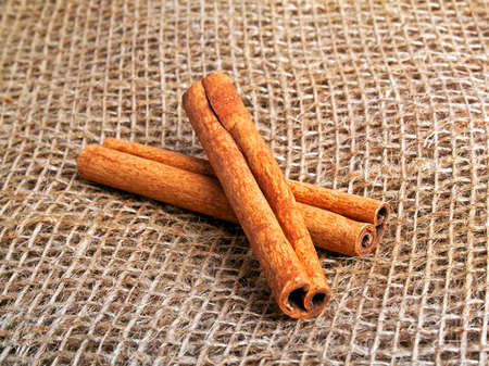 Cinnamon sticks on burlap background