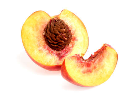 Ripe peach fruit isolated on white background cutoutの写真素材