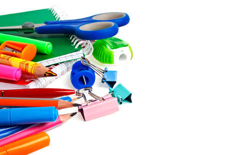 School supplies isolated on a white backgroundの写真素材