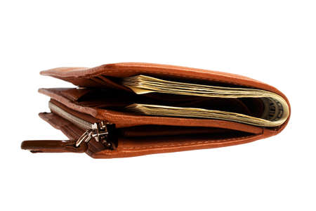 Brown leather wallet with money isolated on white background
