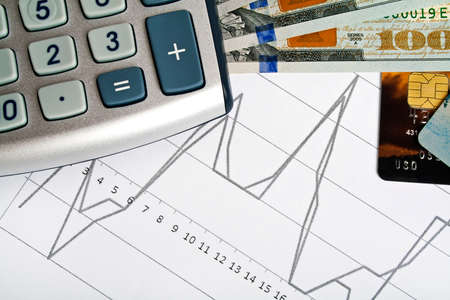 Business concept - credit cards, calculator and moneyの写真素材