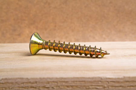 Screw screwed into wooden plankの写真素材