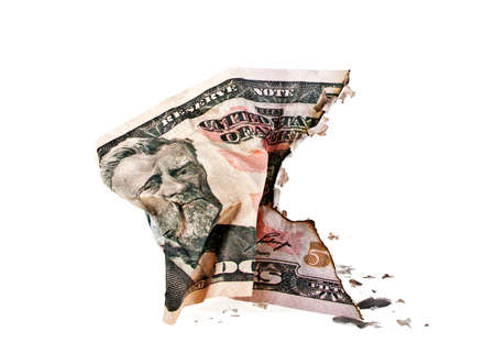 Crumpled fifty dollar bill on white backgroundの写真素材