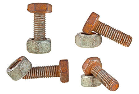 Set of old rusty bolt and screw-nut isolated on white backgroundの写真素材