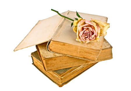 Old books and faded rose on a white backgroundの写真素材