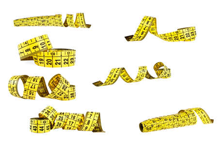 Set of different yellow measuring tapes on a white background