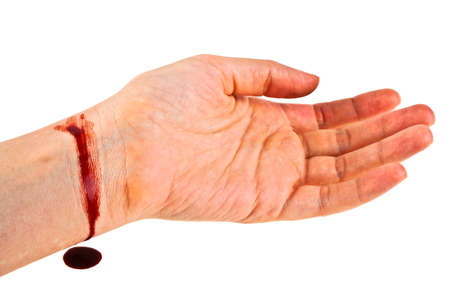 Hand in blood on a white background