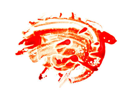 Blood smear droplets (stains and splatter) isolated on white background close upの写真素材