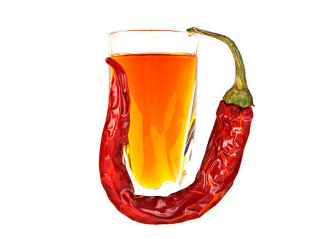Glass of pepper vodka and red chili pepper isolated on white backgroundの写真素材