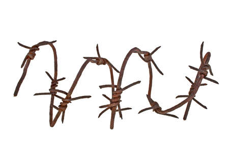 Rusty barbed wire on white backgroundの写真素材