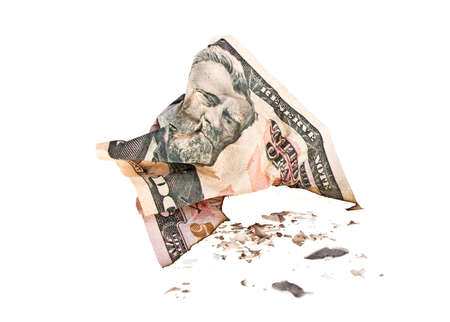 Crumpled fifty dollar bill on white backgroundの写真素材