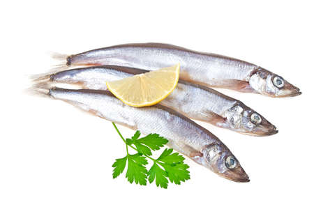 Capelin fish, lemon and parsley isolated on white backgroundの写真素材