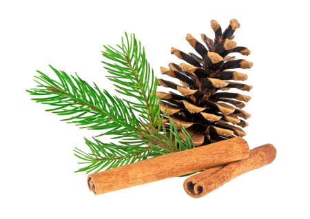 Pine cone, fir tree branch and cinnamon sticks on a white background. Christmas decorations.の写真素材