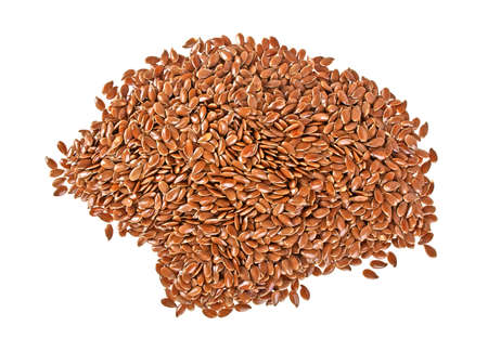 Close up of flax seeds isolated on white background, top viewの写真素材