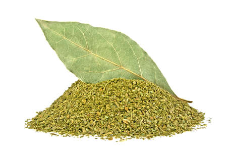 Bay leaf and crushed bay leaves isolated on white backgroundの写真素材