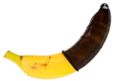 Banana with black condom isolated on a white backgroundの写真素材