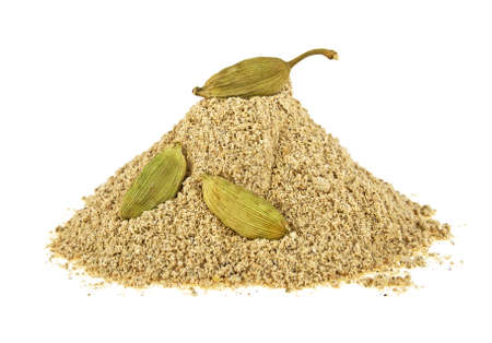 Cardamom powder and pods on a white backgroundの写真素材