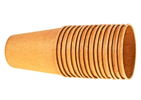 Brown paper cups for drinks isolated on white background, disposable tablewareの写真素材
