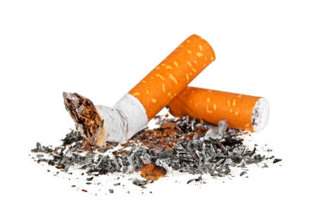 Cigarette butts with ash isolated on a white background