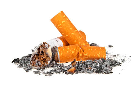 Cigarette butts with ash on a white backgroundの写真素材